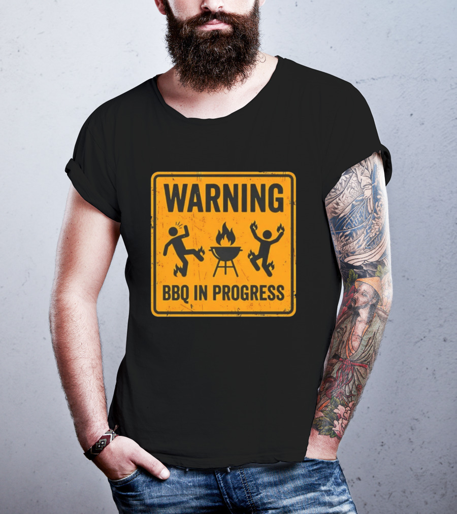 WARNING BBQ In Progress Funny Caution Sign With Flames T-Shirt