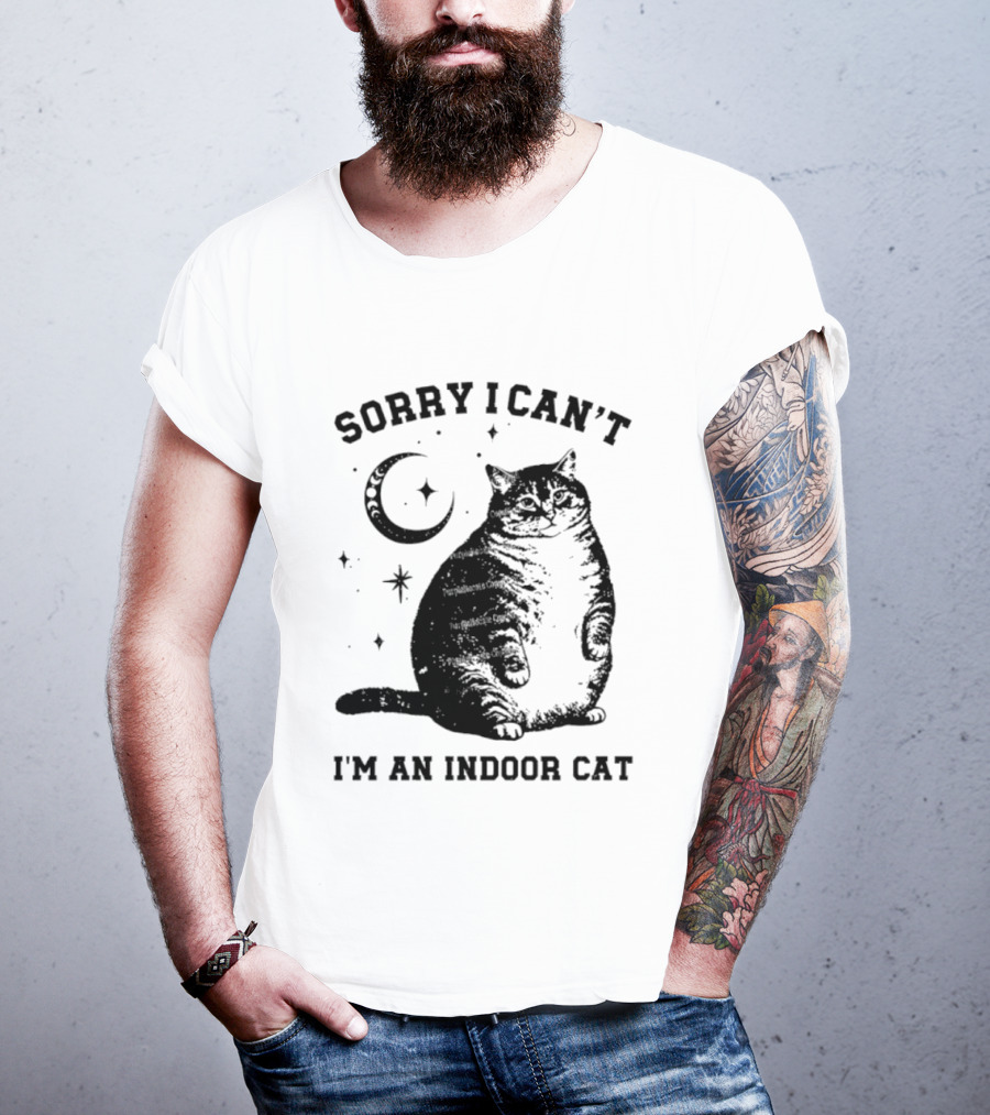 Sorry I Can't I'm An Indoor Cat Moon And Stars Fat Cat T-Shirt