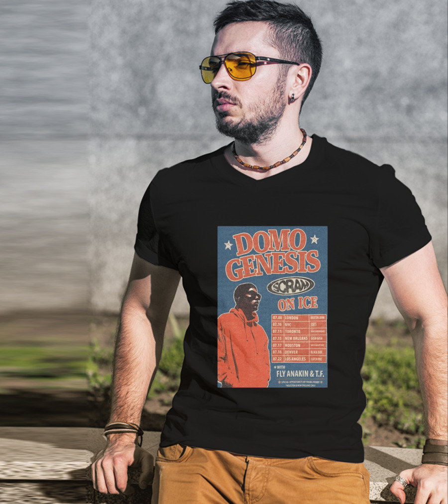 Domo Genesis Scram On Ice World Tour 2026 With Fly Anakin And T.F. London NYC Toronto New Orleans Houston Denver Los Angeles T-Shirt