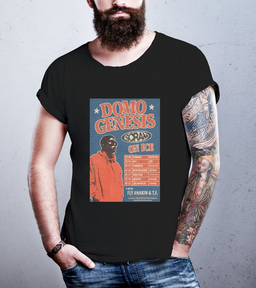 Domo Genesis Scram On Ice World Tour 2026 With Fly Anakin And T.F. London NYC Toronto New Orleans Houston Denver Los Angeles T-Shirt