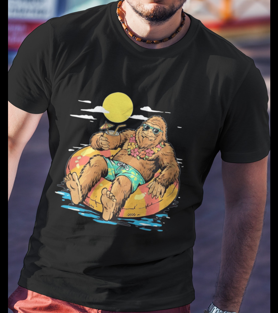 Bigfoot Lounging With A Cocktail In Tropical Beach Getaway Scene T-Shirt