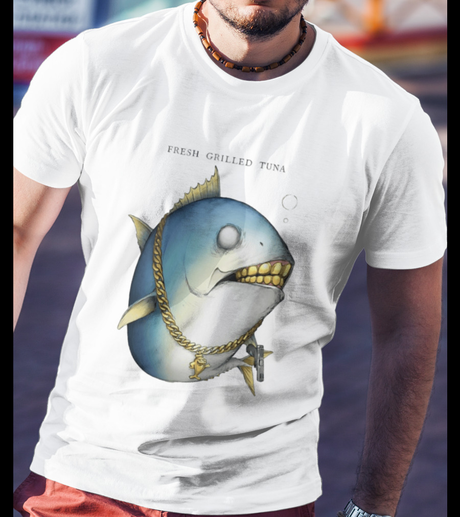 Fish Gun Fresh Grilled Tuna Gangster Chain Gold Teeth T-Shirt
