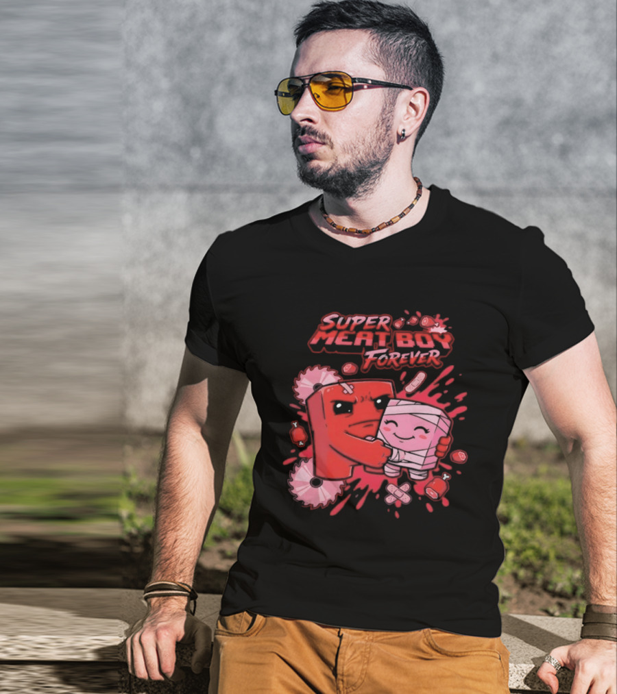 Super Meat Boy Forever Retro Character Hugging T-Shirt