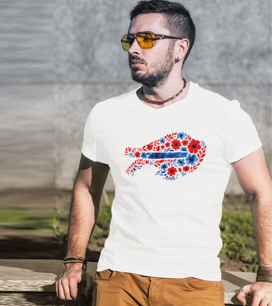 Buffalo Bills Floral Team Art Blue And Red Flowers T-Shirt