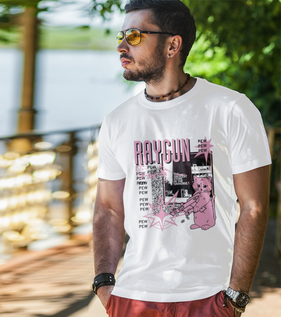 RAYGUN Cat Pew Pew Sci Fi Retro Feline Blaster Adventure T-Shirt