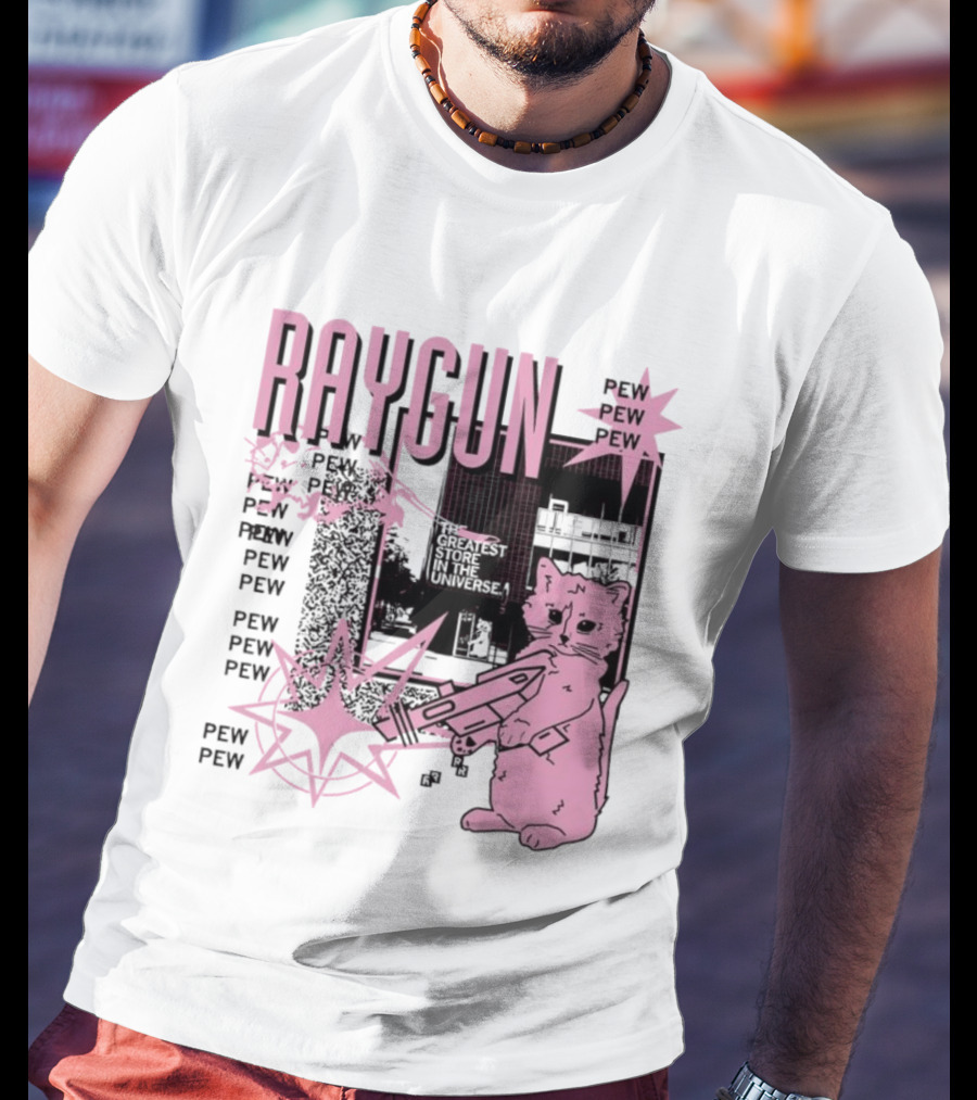 RAYGUN Cat Pew Pew Sci Fi Retro Feline Blaster Adventure T-Shirt