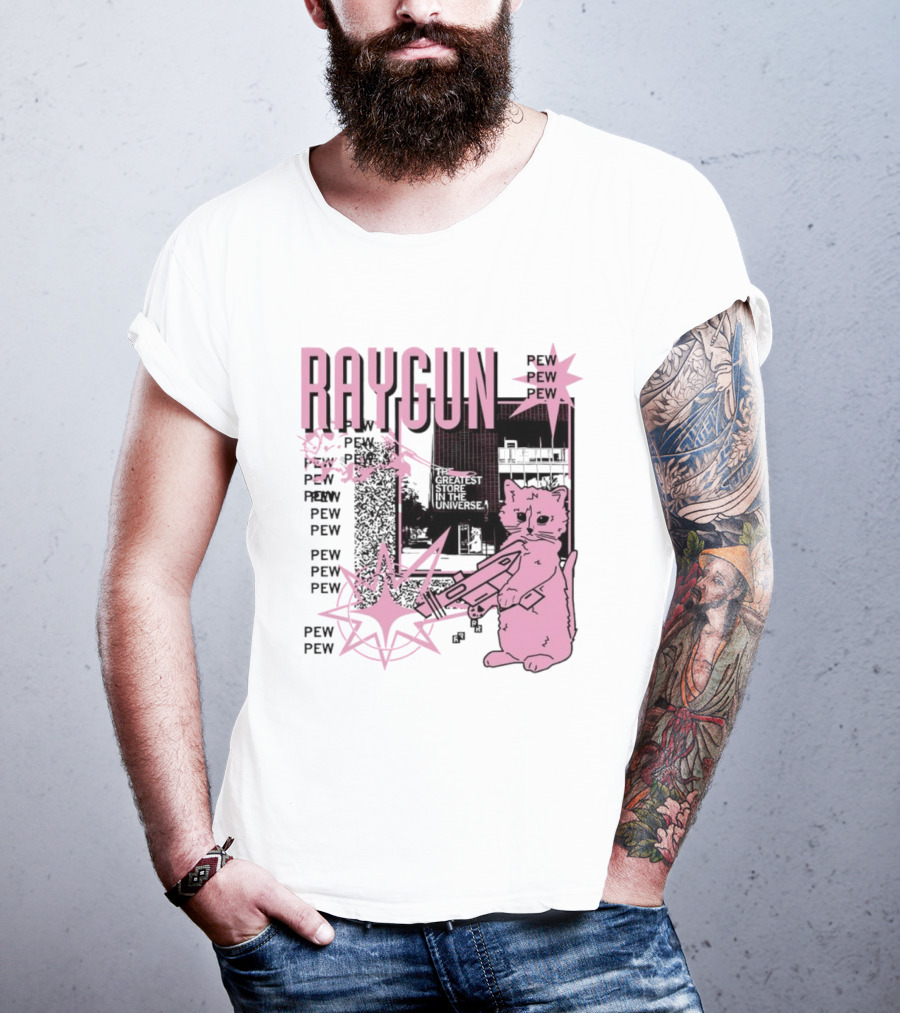 RAYGUN Cat Pew Pew Sci Fi Retro Feline Blaster Adventure T-Shirt