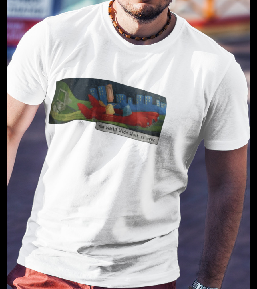 The World Wide Wait Is Over Red Car Cityscape Adventure T-Shirt