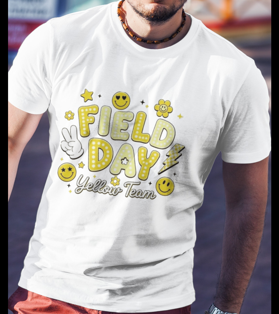 Field Day Yellow Team Smiley Faces Peace Sign Stars And Lightning Bolt T-Shirt