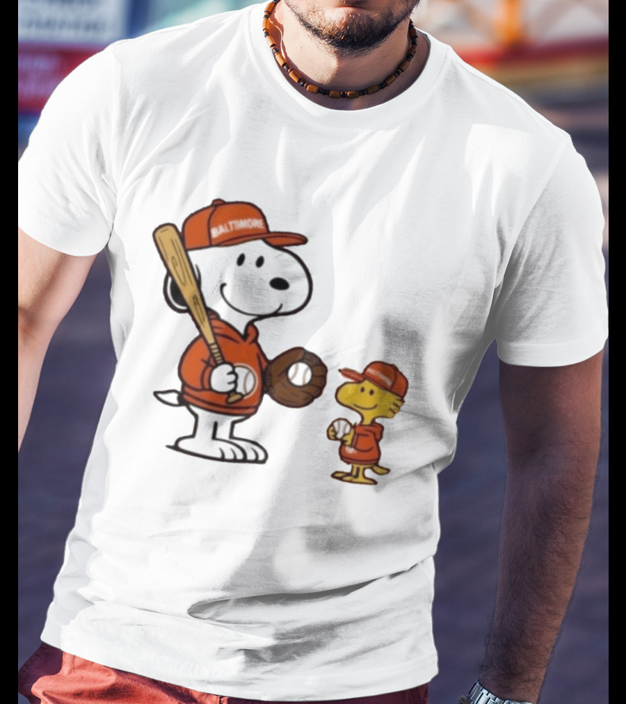 Snoopy Woodstock Baseball Baltimore Orioles Fan Gear T-Shirt