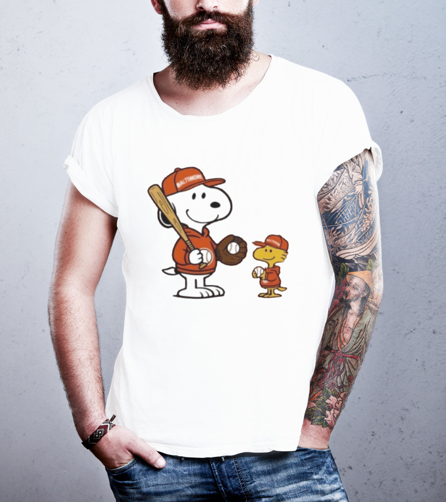 Snoopy Woodstock Baseball Baltimore Orioles Fan Gear T-Shirt