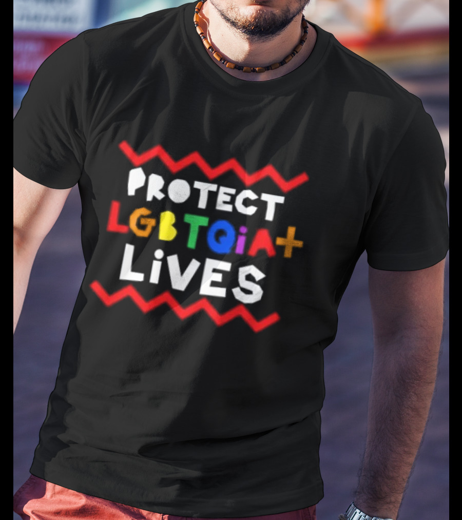 Protect LGBTQIA+ Lives Rainbow Letters With Red Zigzag Lines T-Shirt