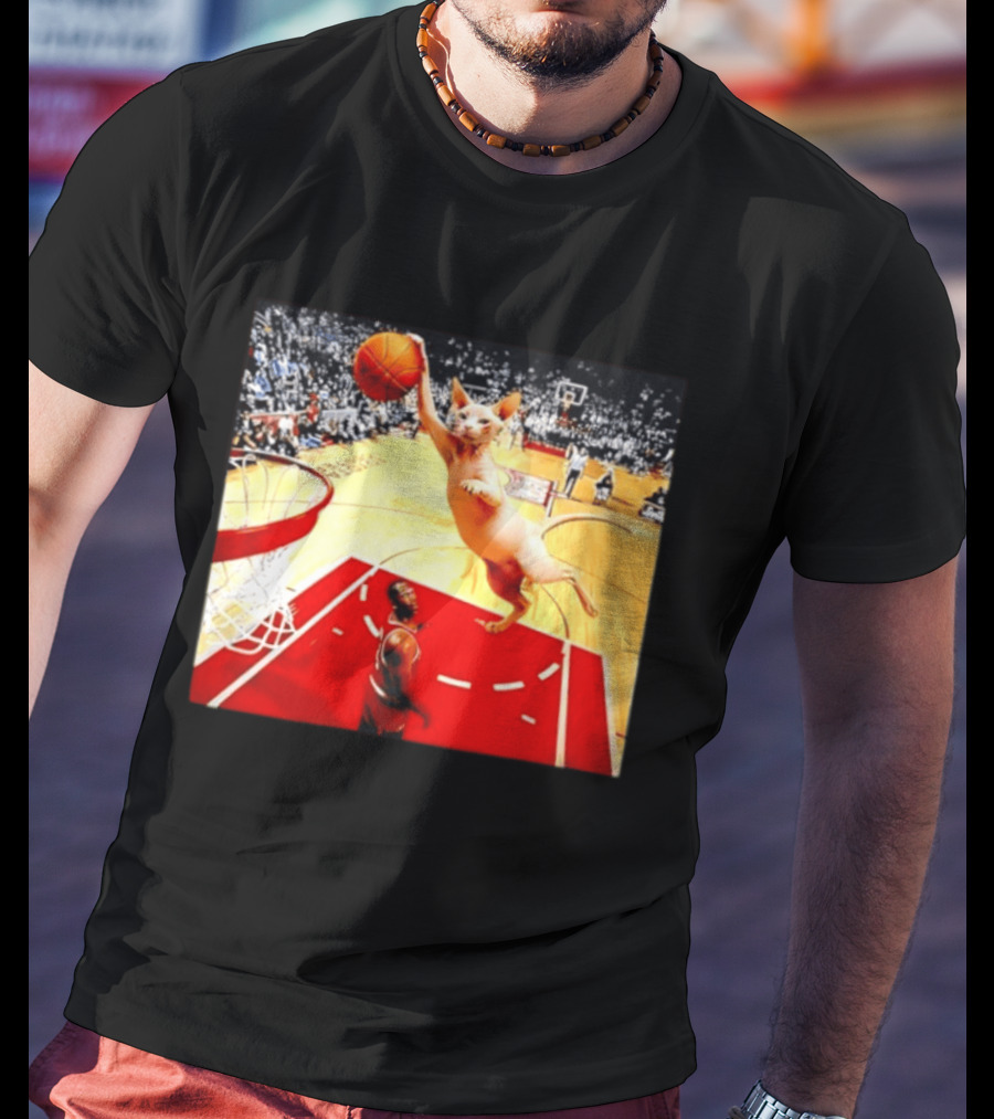Sphynx Cat Slam Dunk Basketball Scene With Crowd T-Shirt