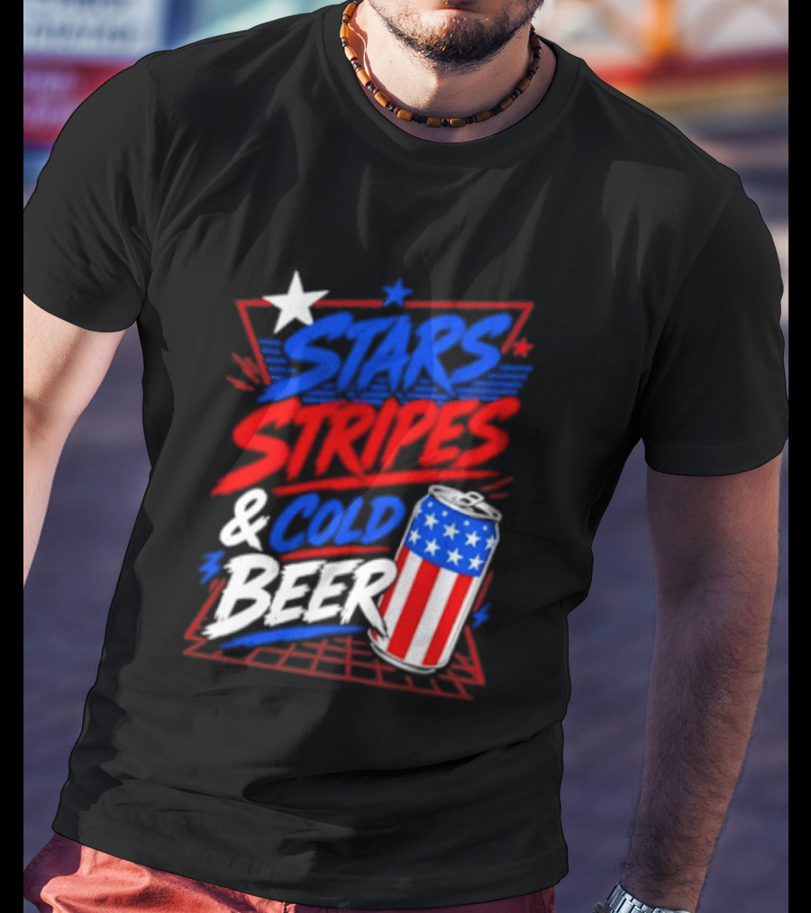 Stars Stripes And Cold Beer American Flag Can Patriotic Celebration T-Shirt