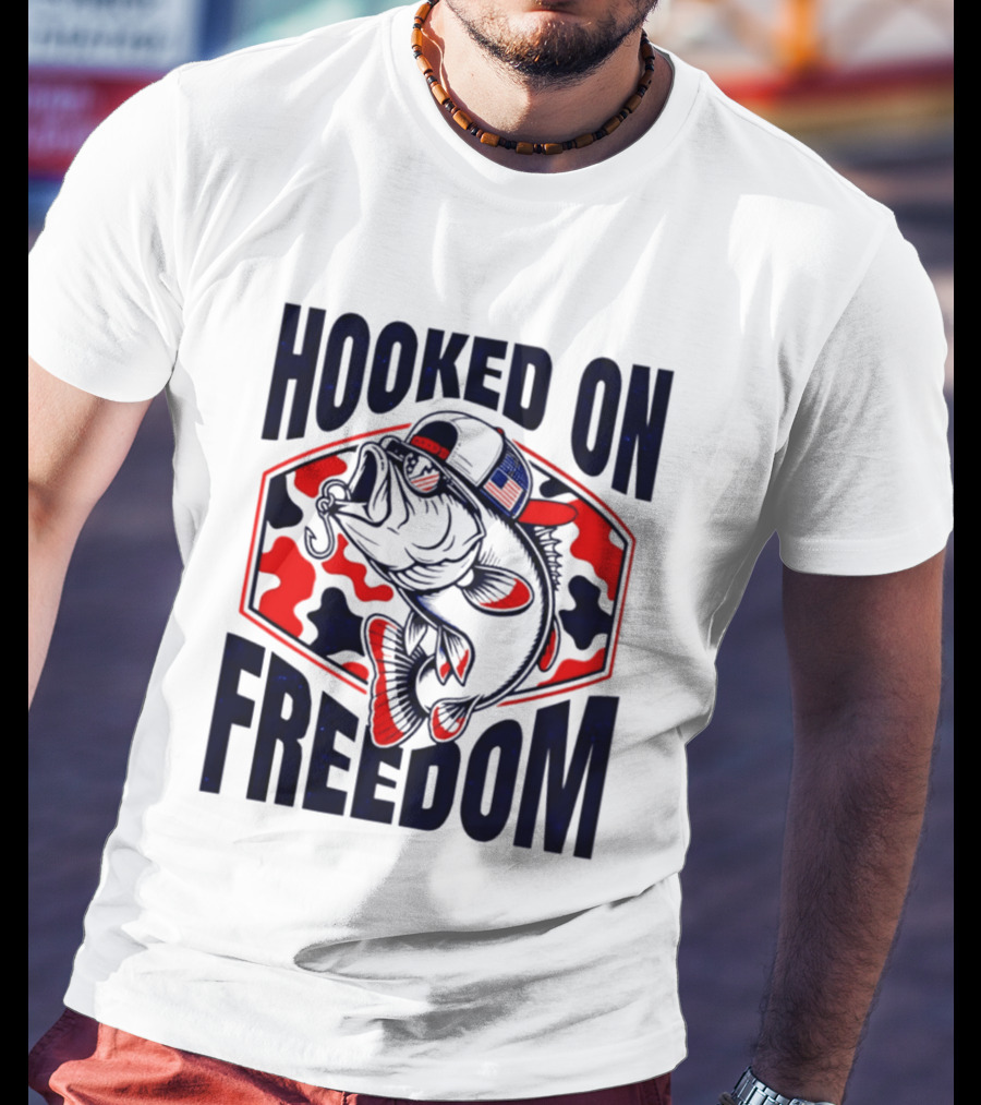 Hooked On Freedom Patriotic Fish Camo Hat T-Shirt