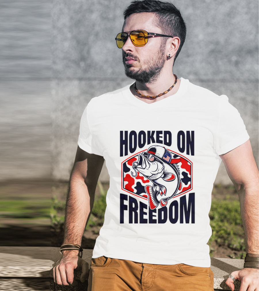 Hooked On Freedom Patriotic Fish Camo Hat T-Shirt