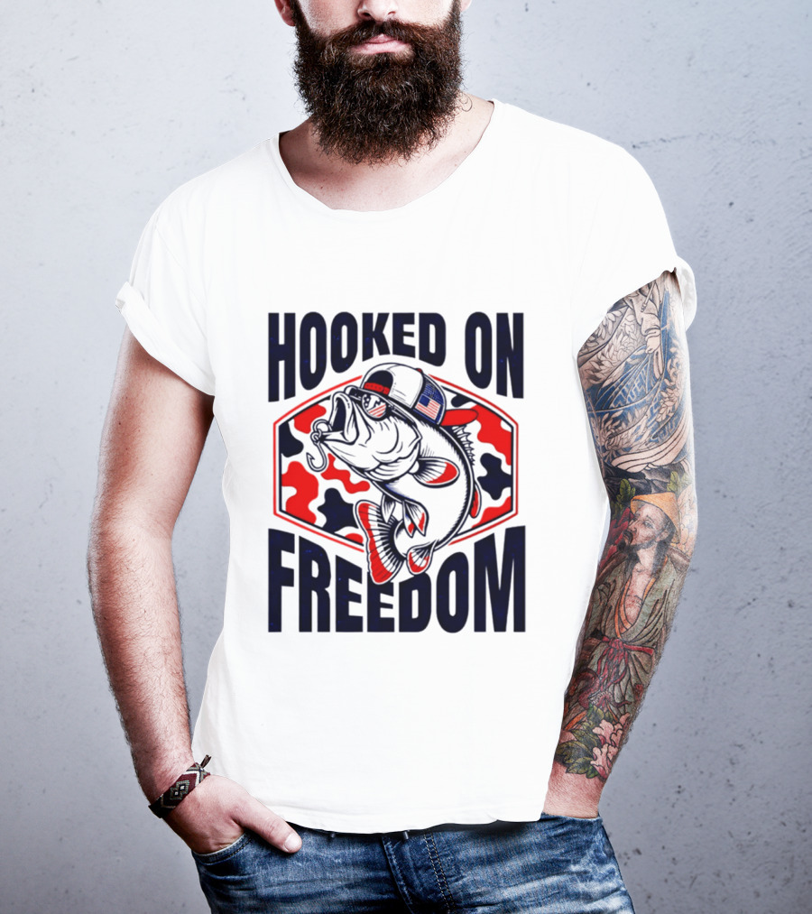 Hooked On Freedom Patriotic Fish Camo Hat T-Shirt