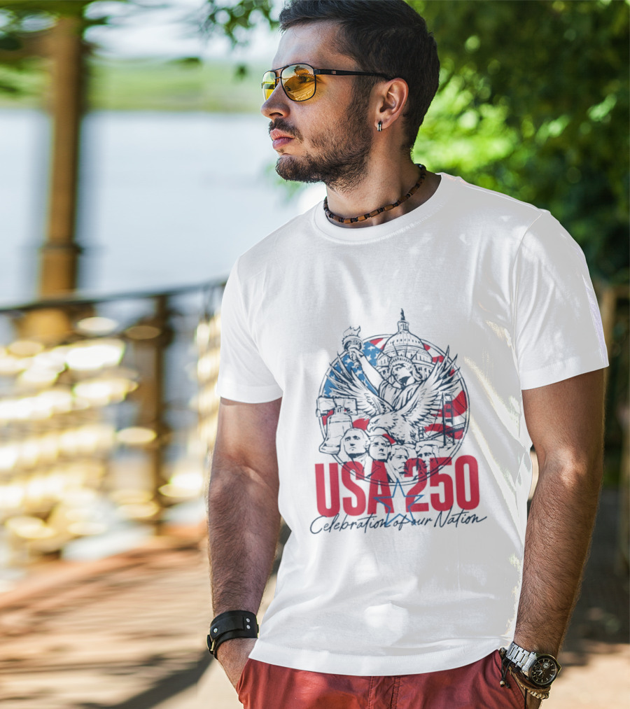 USA 250 Celebration Of Our Nation Symbols Liberty Capitol Eagle Mount Rushmore T-Shirt