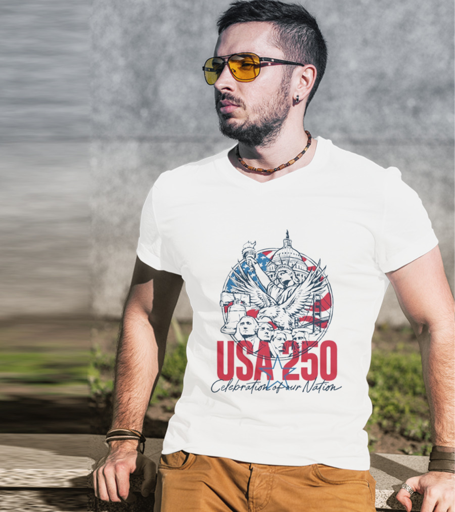 USA 250 Celebration Of Our Nation Symbols Liberty Capitol Eagle Mount Rushmore T-Shirt