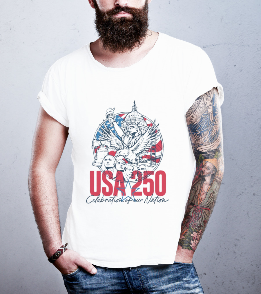USA 250 Celebration Of Our Nation Symbols Liberty Capitol Eagle Mount Rushmore T-Shirt