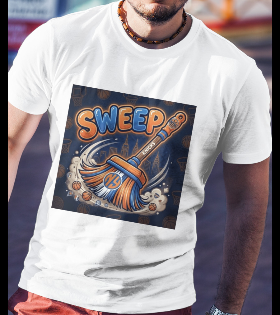 New York Knicks Sweep East Champs Basketball Skyline Broom T-Shirt