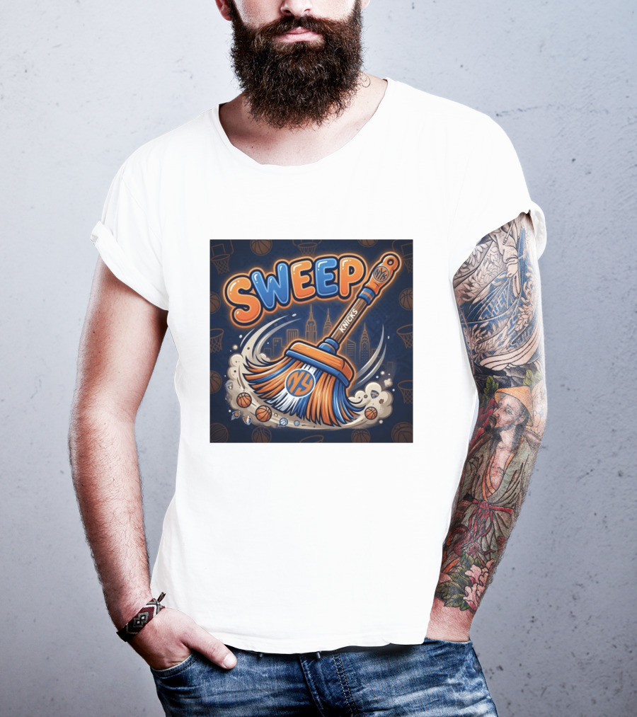 New York Knicks Sweep East Champs Basketball Skyline Broom T-Shirt