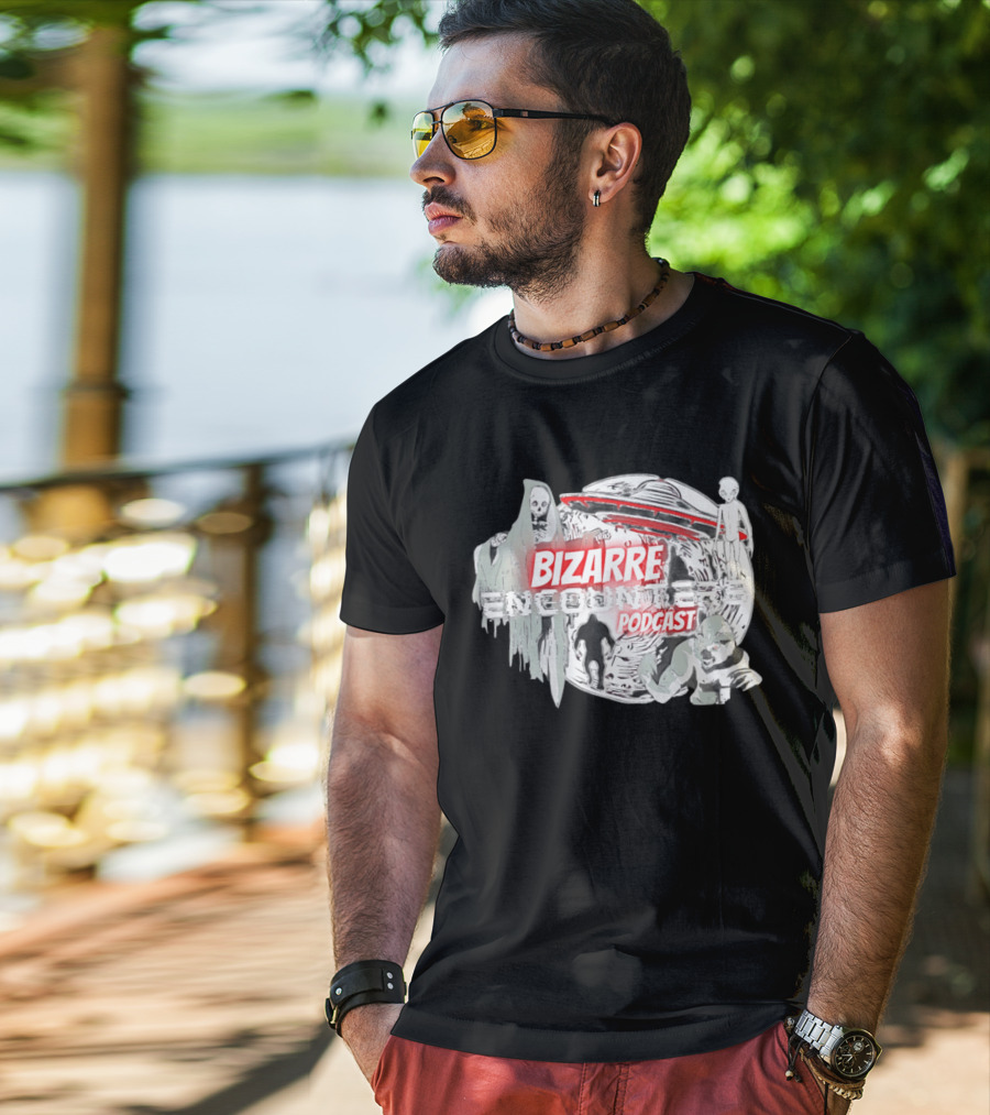 Bizarre Encounters Podcast UFO Aliens Skeletons Paranormal Illustrations T-Shirt