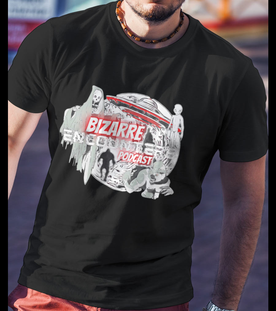 Bizarre Encounters Podcast UFO Aliens Skeletons Paranormal Illustrations T-Shirt