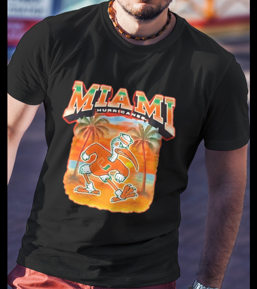 Miami Hurricanes Sebastian With Palm Trees And Sunset Beach Scene T-Shirt