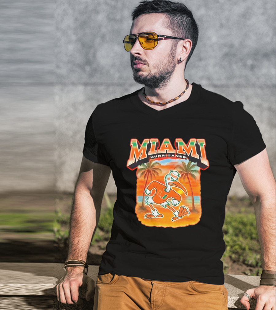 Miami Hurricanes Sebastian With Palm Trees And Sunset Beach Scene T-Shirt
