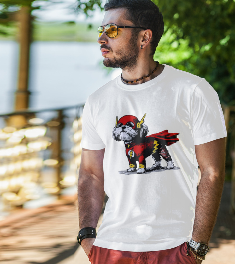 Shih Tzu Dog In The Flash Superhero Costume With Lightning Bolt T-Shirt