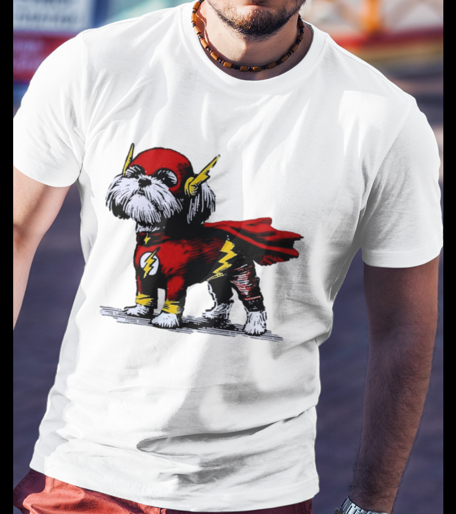 Shih Tzu Dog In The Flash Superhero Costume With Lightning Bolt T-Shirt
