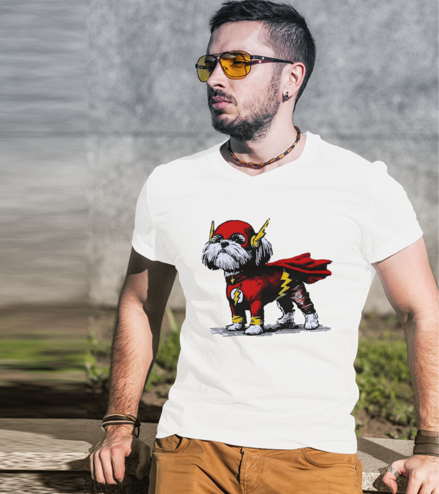 Shih Tzu Dog In The Flash Superhero Costume With Lightning Bolt T-Shirt