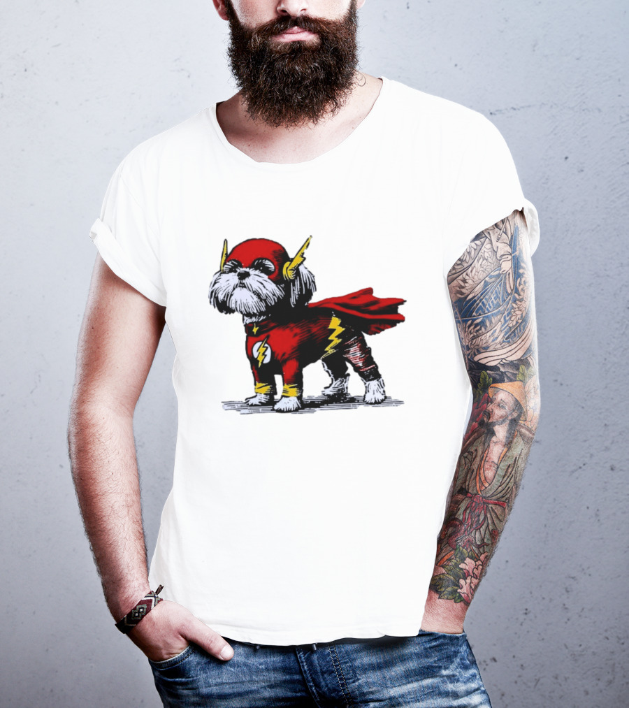 Shih Tzu Dog In The Flash Superhero Costume With Lightning Bolt T-Shirt