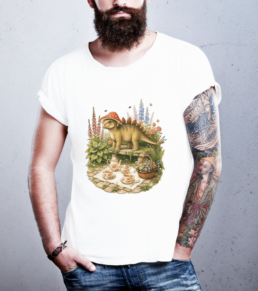 Baby Stegosaurus Wearing Red Mushroom Hat With Vintage Tea Party Garden Scene T-Shirt