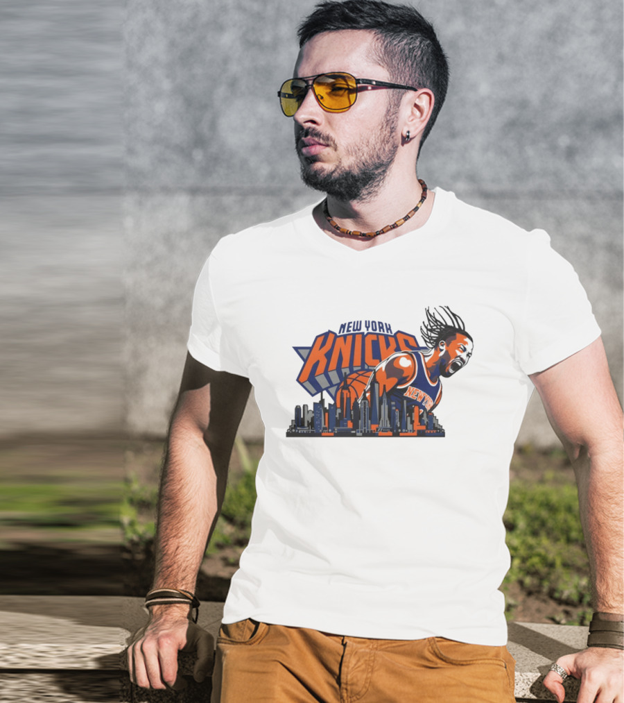 New York Knicks Jalen Brunson Skyline Celebration T-Shirt