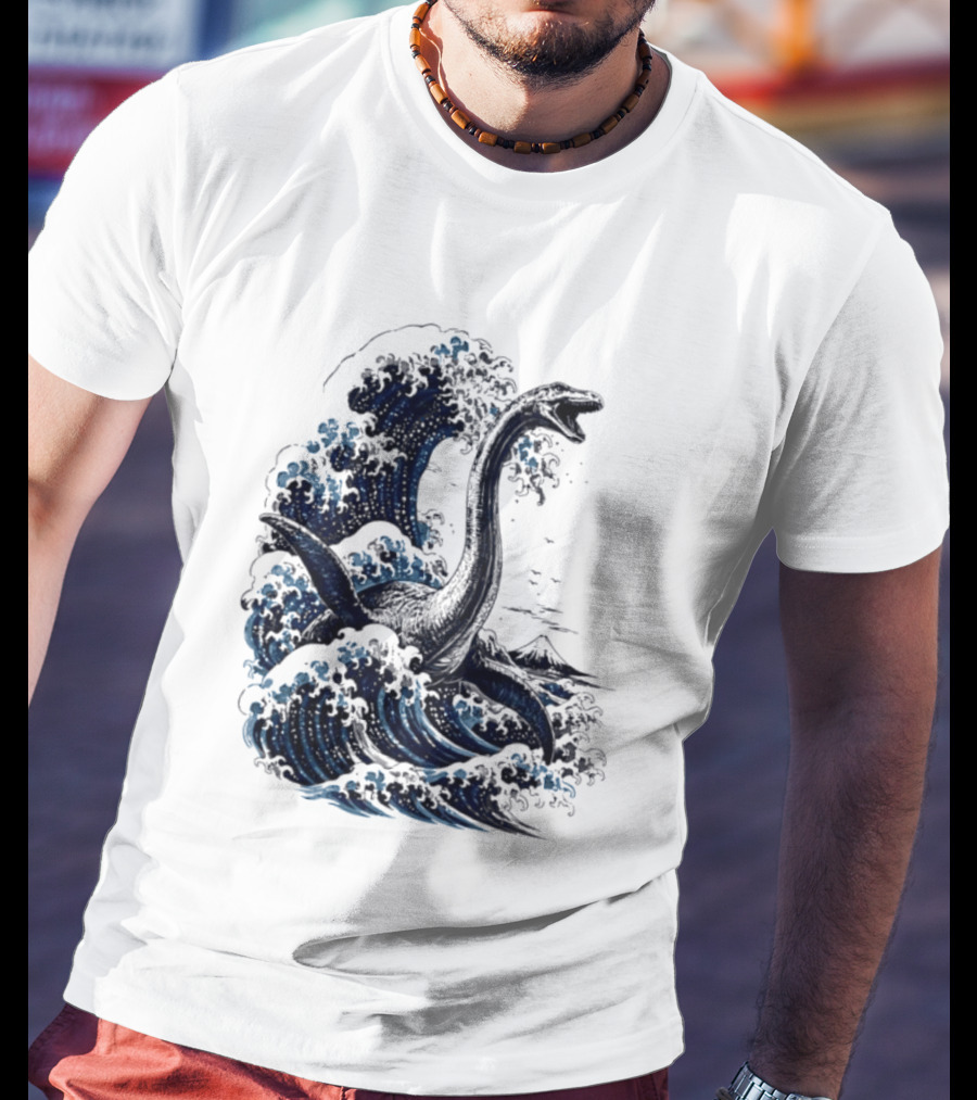 Great Wave Off Kanagawa Loch Ness Monster Mount Fuji Fusion T-Shirt
