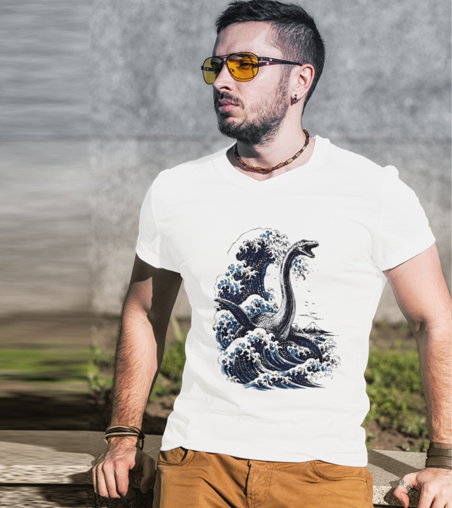 Great Wave Off Kanagawa Loch Ness Monster Mount Fuji Fusion T-Shirt