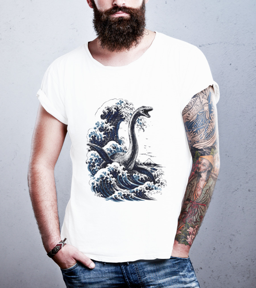 Great Wave Off Kanagawa Loch Ness Monster Mount Fuji Fusion T-Shirt