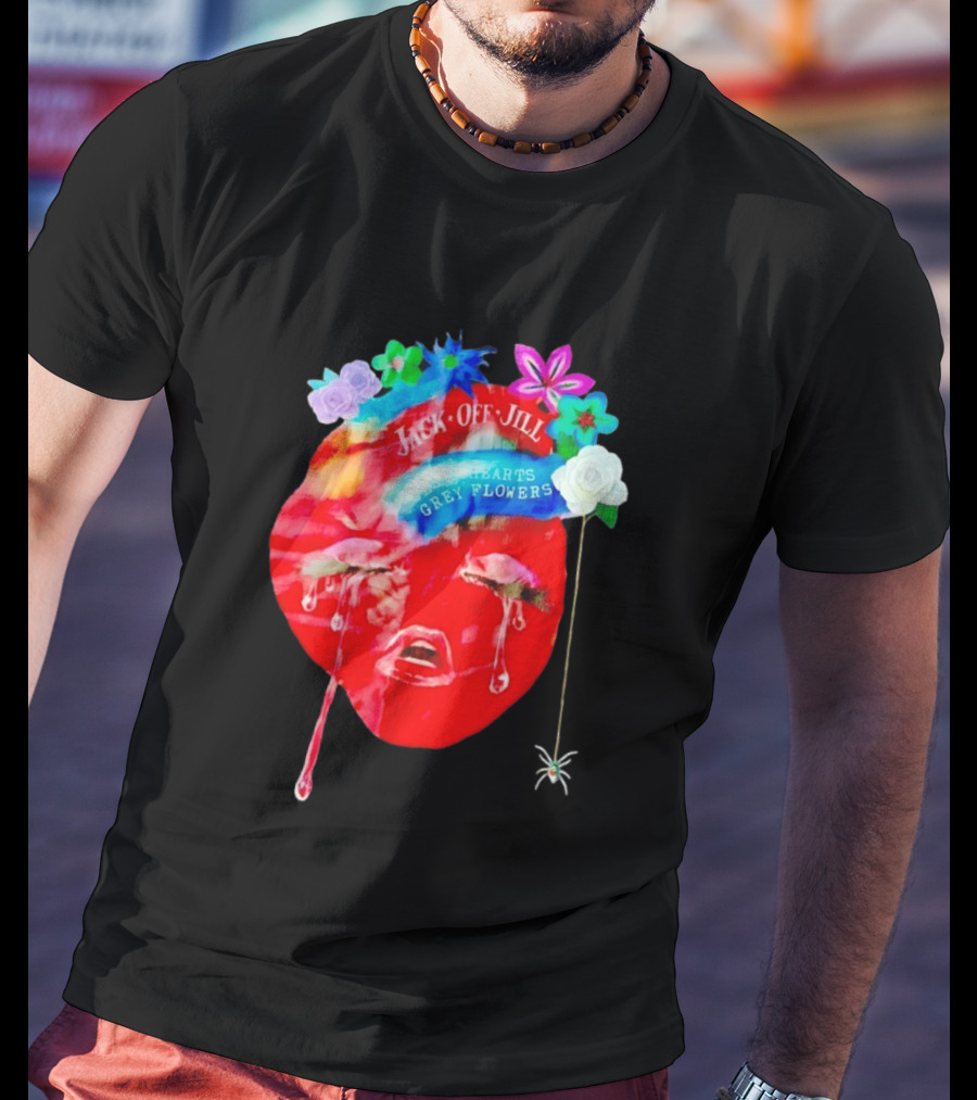 Jack Off Jill Clear Hearts Grey Flowers Crying Face With Colorful Floral Accents T-Shirt