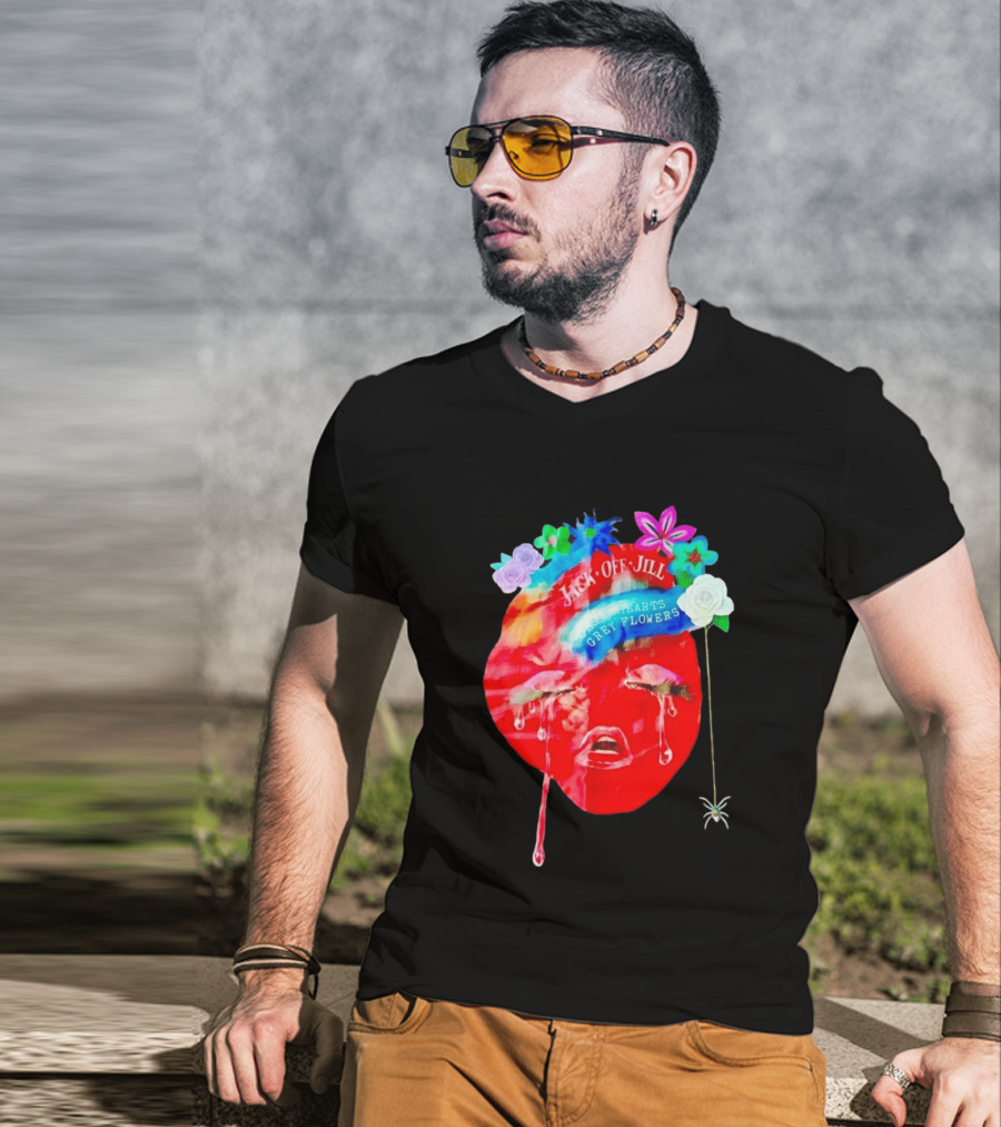 Jack Off Jill Clear Hearts Grey Flowers Crying Face With Colorful Floral Accents T-Shirt