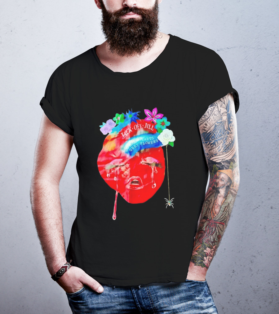 Jack Off Jill Clear Hearts Grey Flowers Crying Face With Colorful Floral Accents T-Shirt