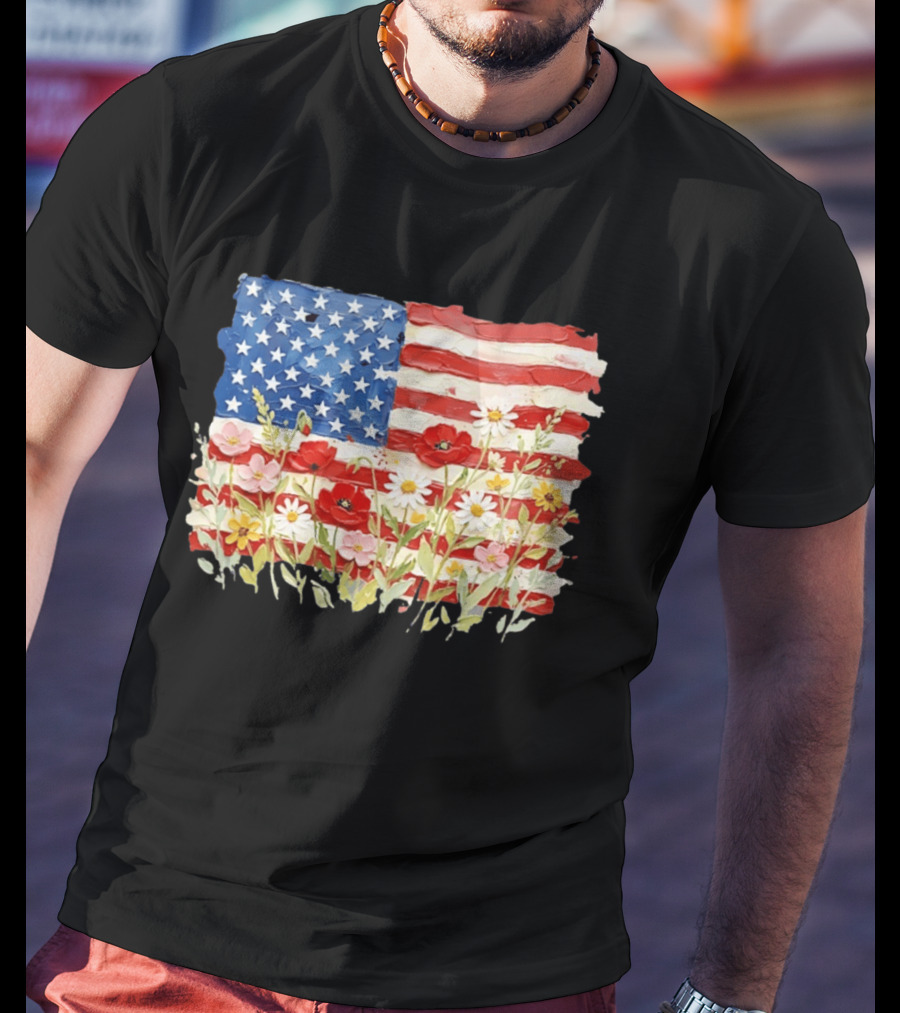 Floral American Flag With Impasto Texture And Flowers T-Shirt