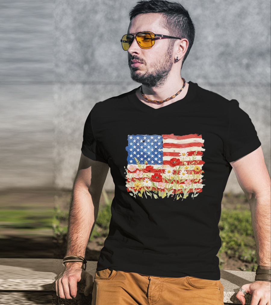 Floral American Flag With Impasto Texture And Flowers T-Shirt