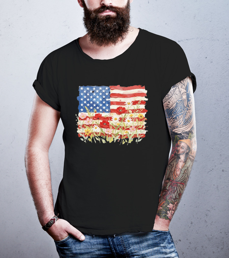 Floral American Flag With Impasto Texture And Flowers T-Shirt