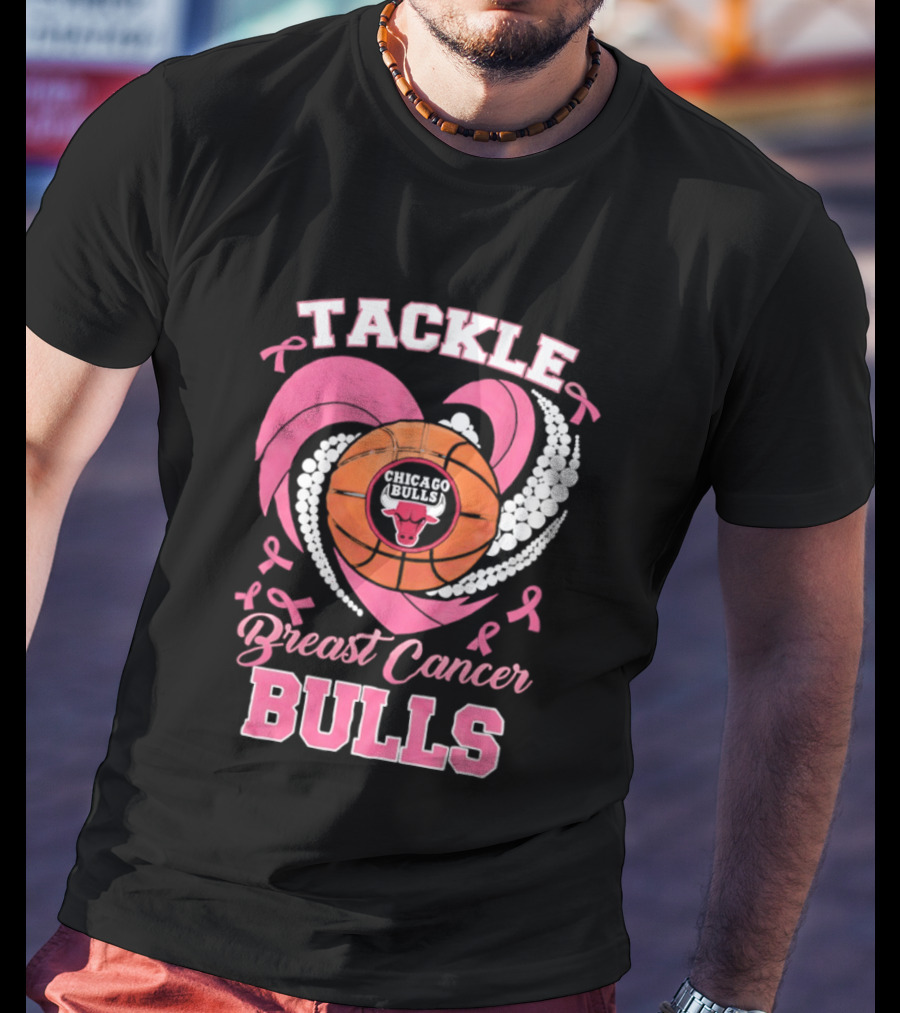 Tackle Breast Cancer Bulls Heart Pink Ribbons T-Shirt