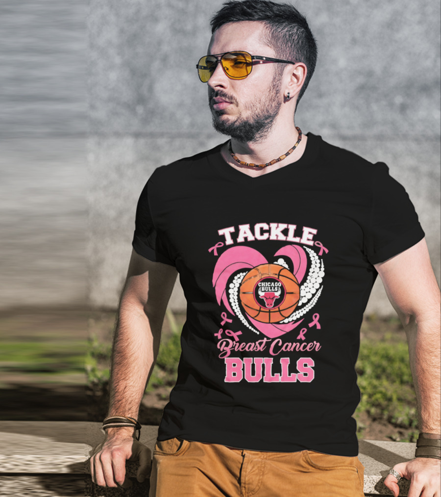 Tackle Breast Cancer Bulls Heart Pink Ribbons T-Shirt