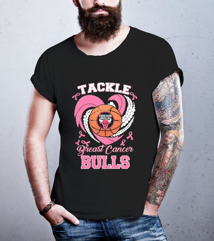 Tackle Breast Cancer Bulls Heart Pink Ribbons T-Shirt