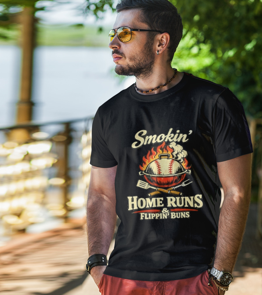 Smokin Home Runs Flippin Buns Baseball Grill Flame T-Shirt