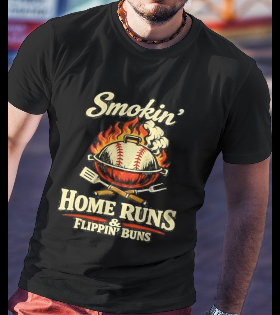 Smokin Home Runs Flippin Buns Baseball Grill Flame T-Shirt